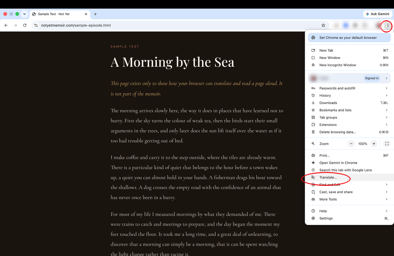 Chrome three-dots menu with Translate circled in red