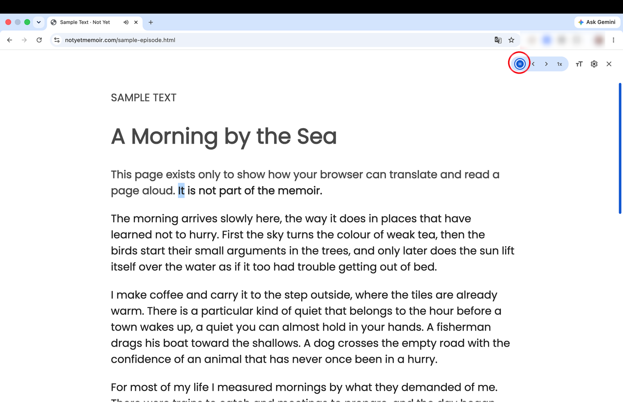 Chrome reading mode play button circled in red