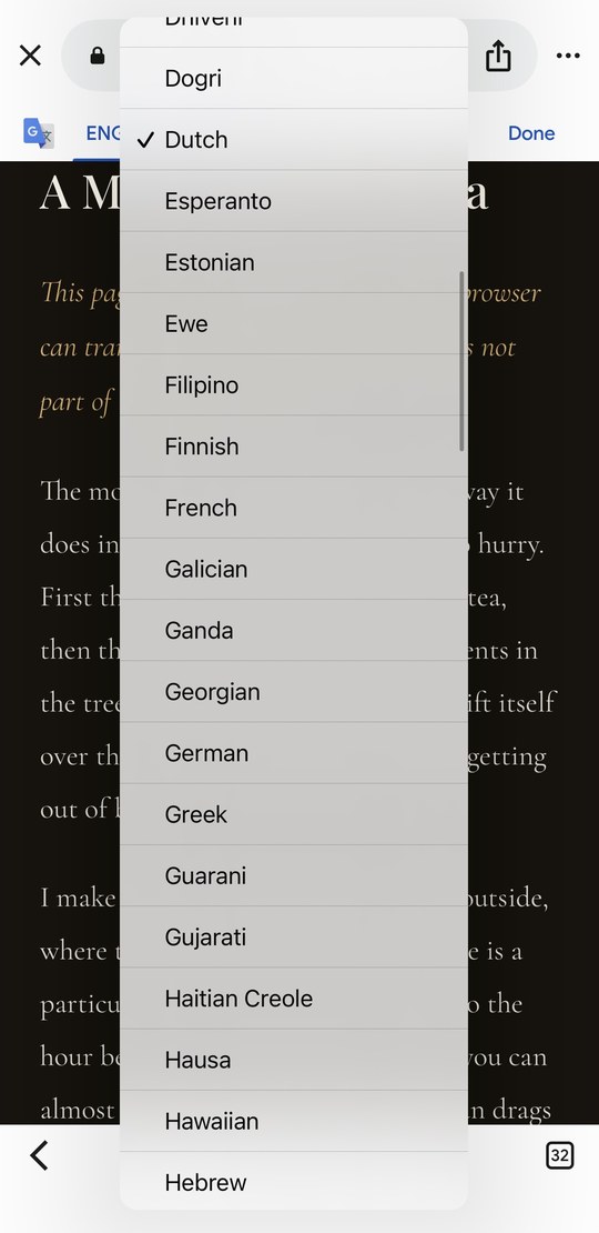 Chrome full language list on iPhone