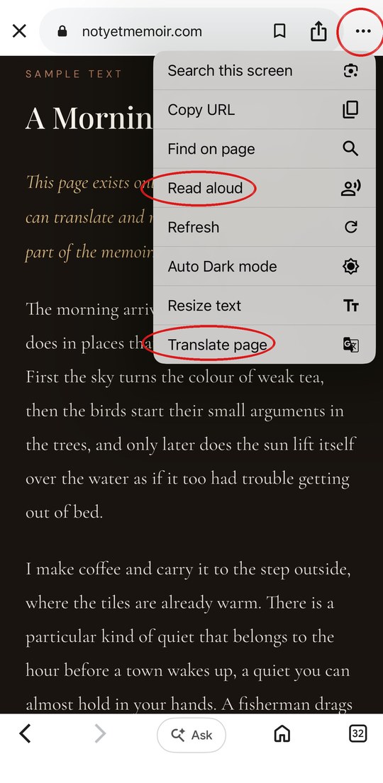 Chrome three-dots menu on iPhone, with Read aloud and Translate page circled in red