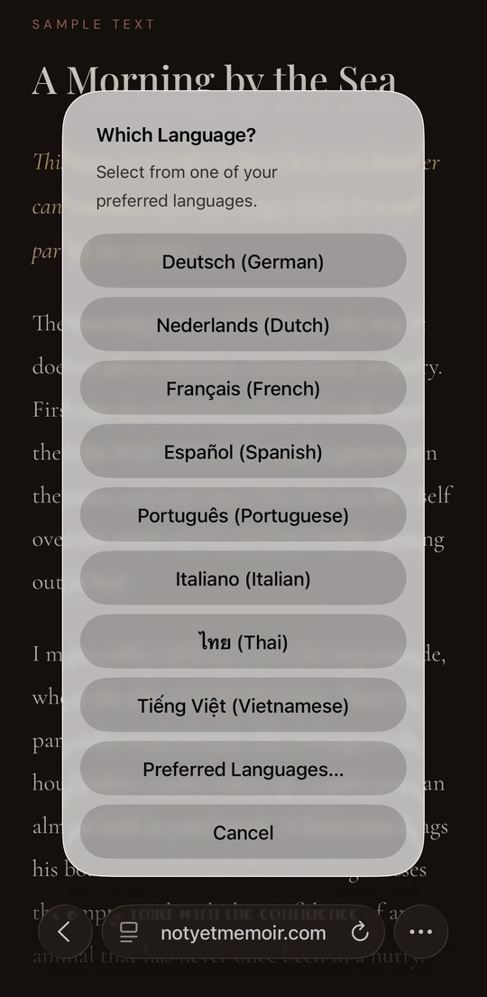 Safari Which Language picker on iPhone