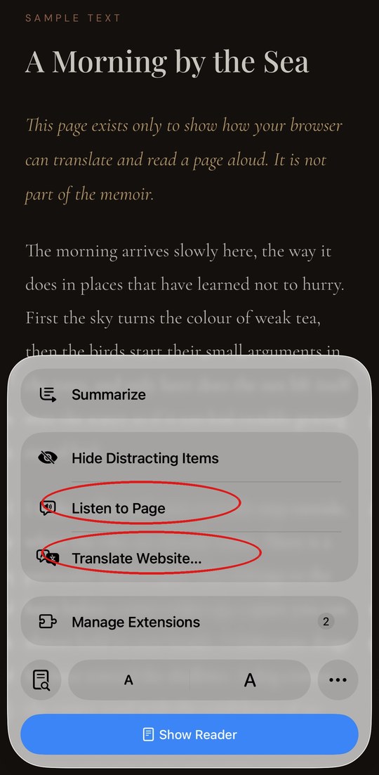 Safari menu with Listen to Page and Translate Website circled in red