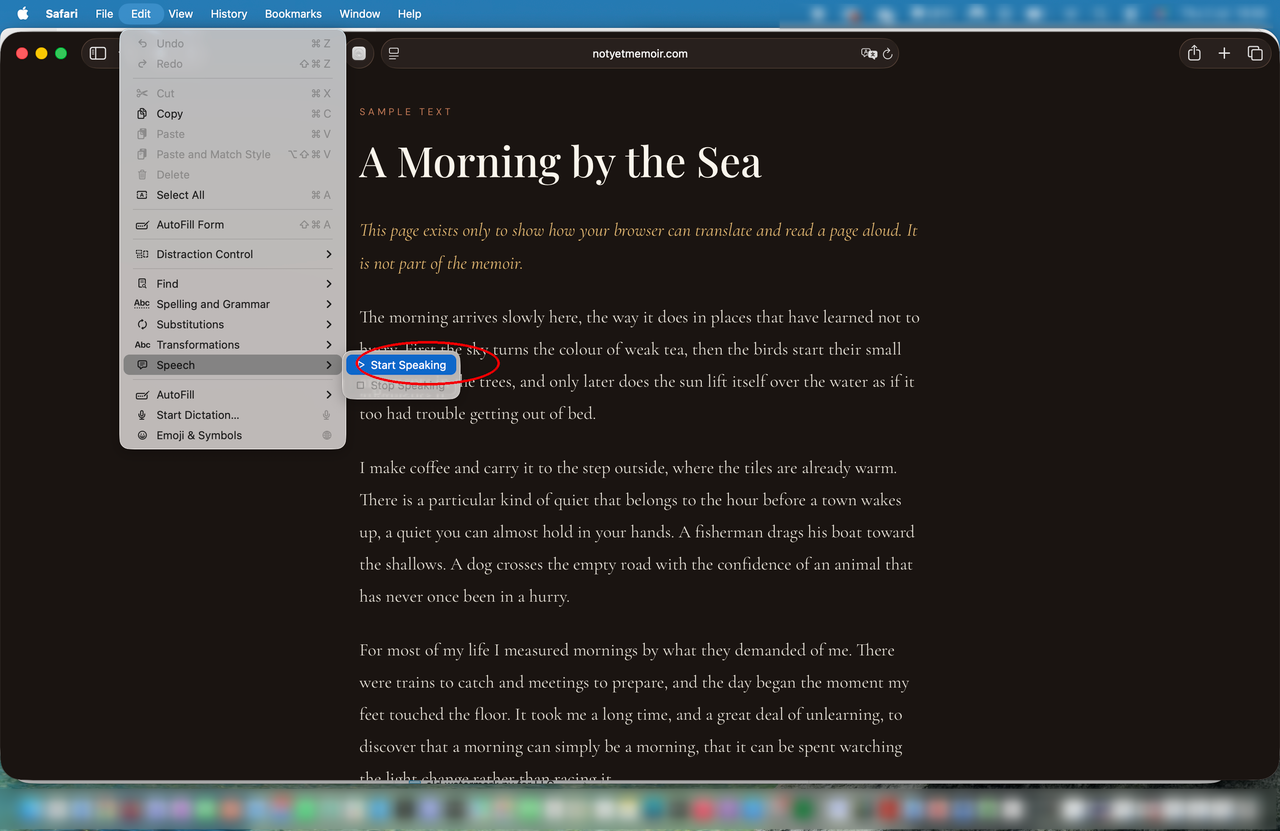 Safari Edit menu, Speech, Start Speaking circled in red